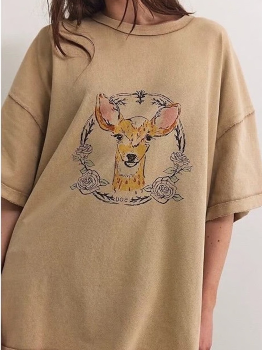 Free People Tan Graphic Oversized Deer Crewneck Tee S